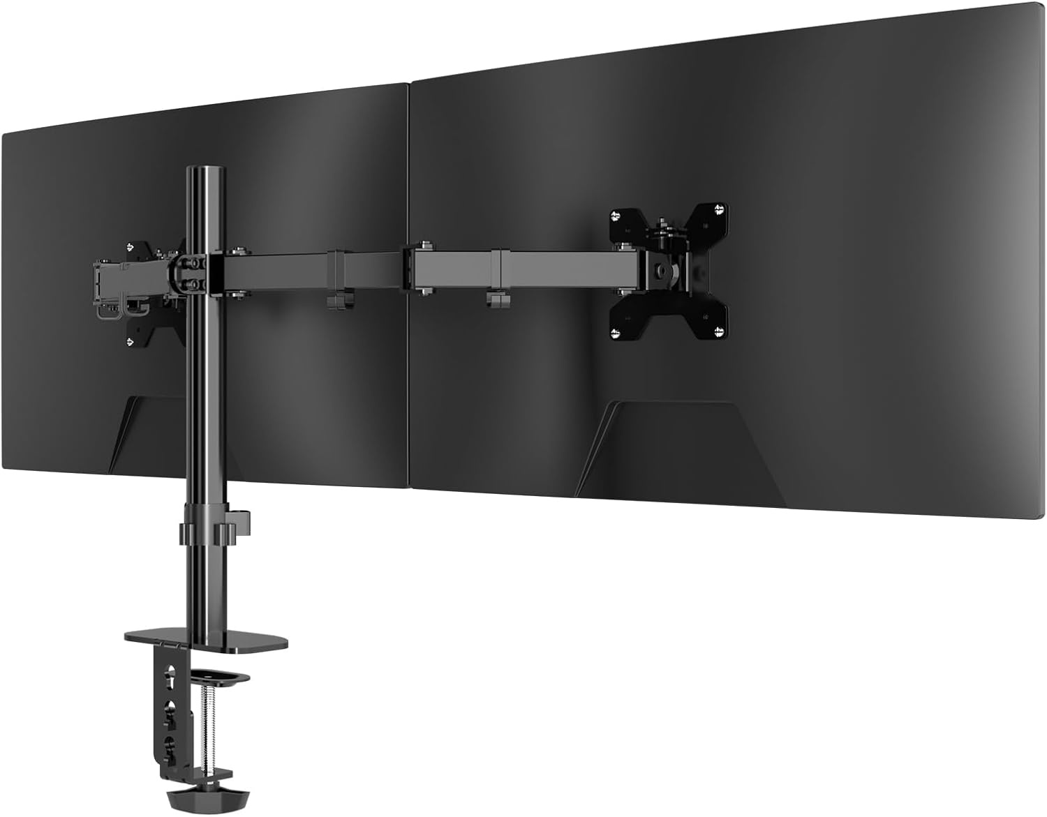 Pholiten Dubbele Monitorbeugel voor 13-27 Inch LED LCD-schermen, 2 monitorbeugels in hoogte verstelbaar, 360° draaibaar en 180° roteerbaar, VESA 75/100 mm tot 10 kg, dubbele monitorarm (MD97442)