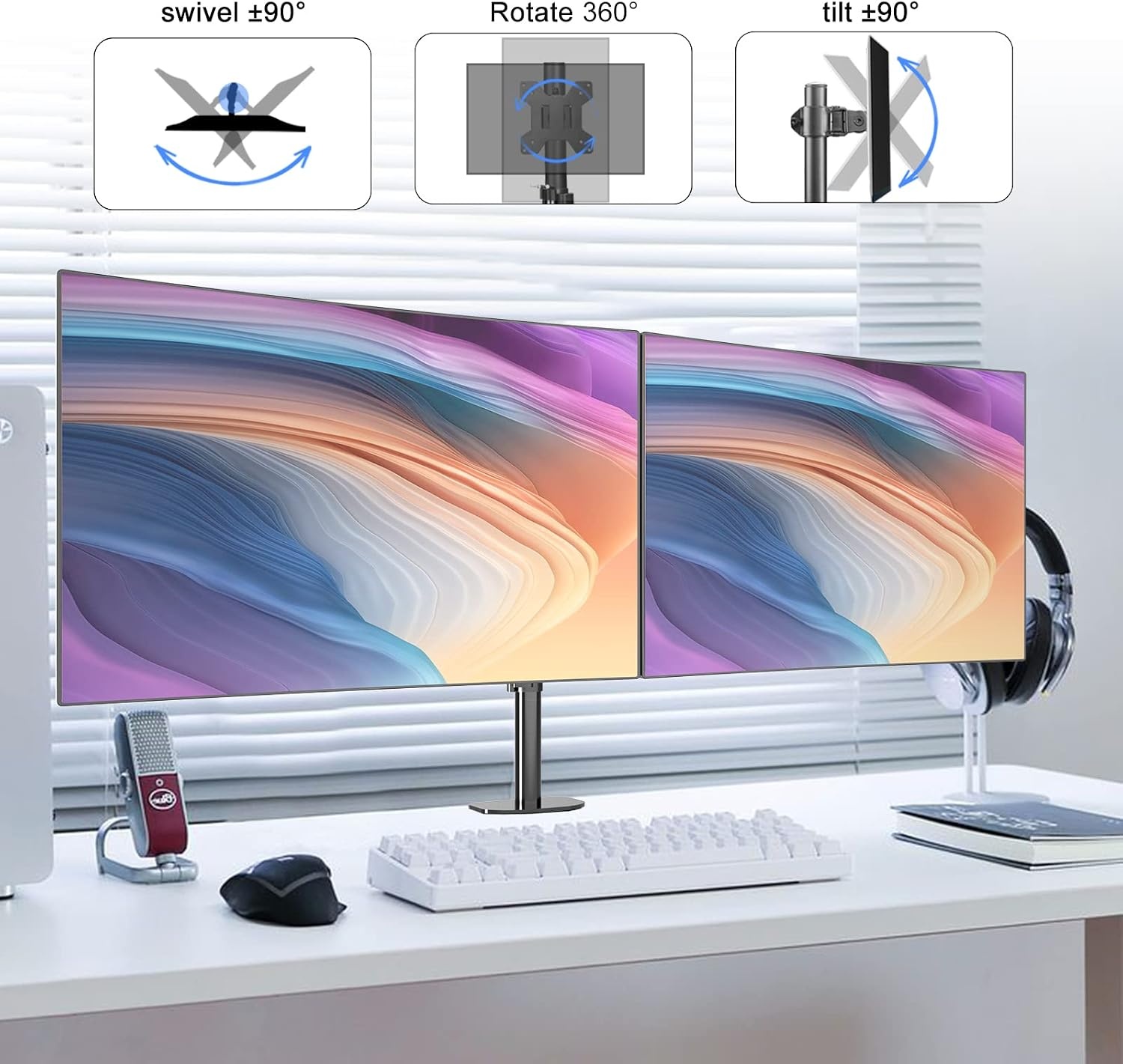 Pholiten Dubbele Monitorbeugel voor 13-27 Inch LED LCD-schermen, 2 monitorbeugels in hoogte verstelbaar, 360° draaibaar en 180° roteerbaar, VESA 75/100 mm tot 10 kg, dubbele monitorarm (MD97442)