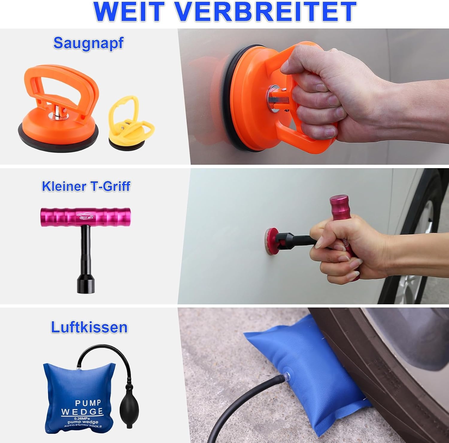 Uitgebreide deukverwijderingsset voor voertuigen, 2-in-1 glijhamer, verstelbare bruggentrekker, zeer nauwkeurige PDR-uitdeukstangen en complete accessoires voor lakvriendelijke