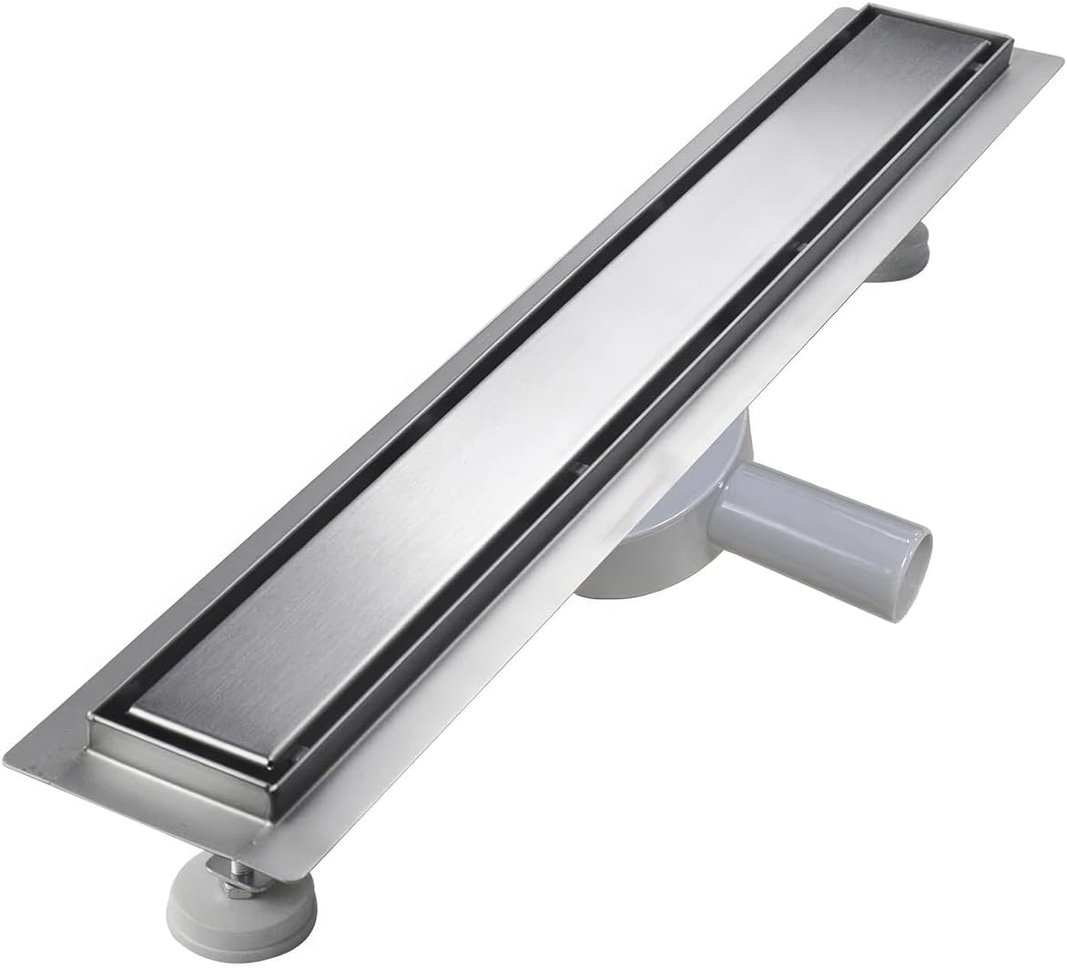 Shower Drain 90 cm, Tilable Shower Channel, Extra Flat, Stainless Steel Floor Drain Complete Set with 360° Siphon Hair Strainer