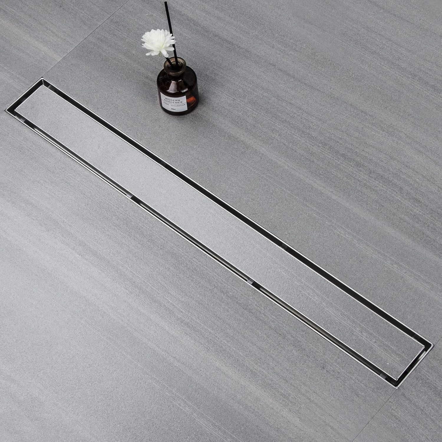 Shower Drain 90 cm, Tilable Shower Channel, Extra Flat, Stainless Steel Floor Drain Complete Set with 360° Siphon Hair Strainer