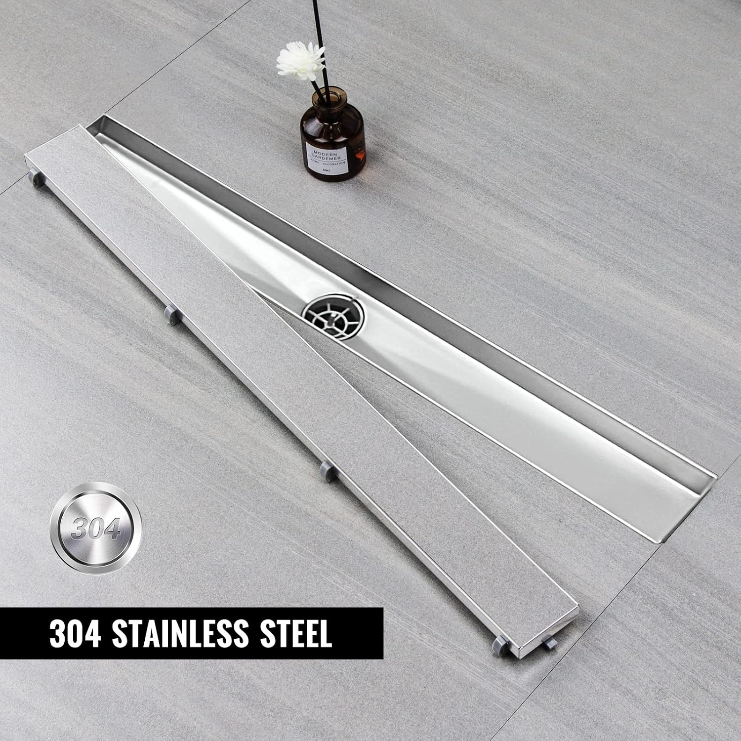 Shower Drain 90 cm, Tilable Shower Channel, Extra Flat, Stainless Steel Floor Drain Complete Set with 360° Siphon Hair Strainer