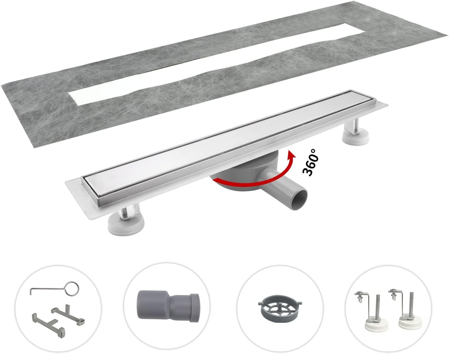 Shower Drain 90 cm, Tilable Shower Channel, Extra Flat, Stainless Steel Floor Drain Complete Set with 360° Siphon Hair Strainer