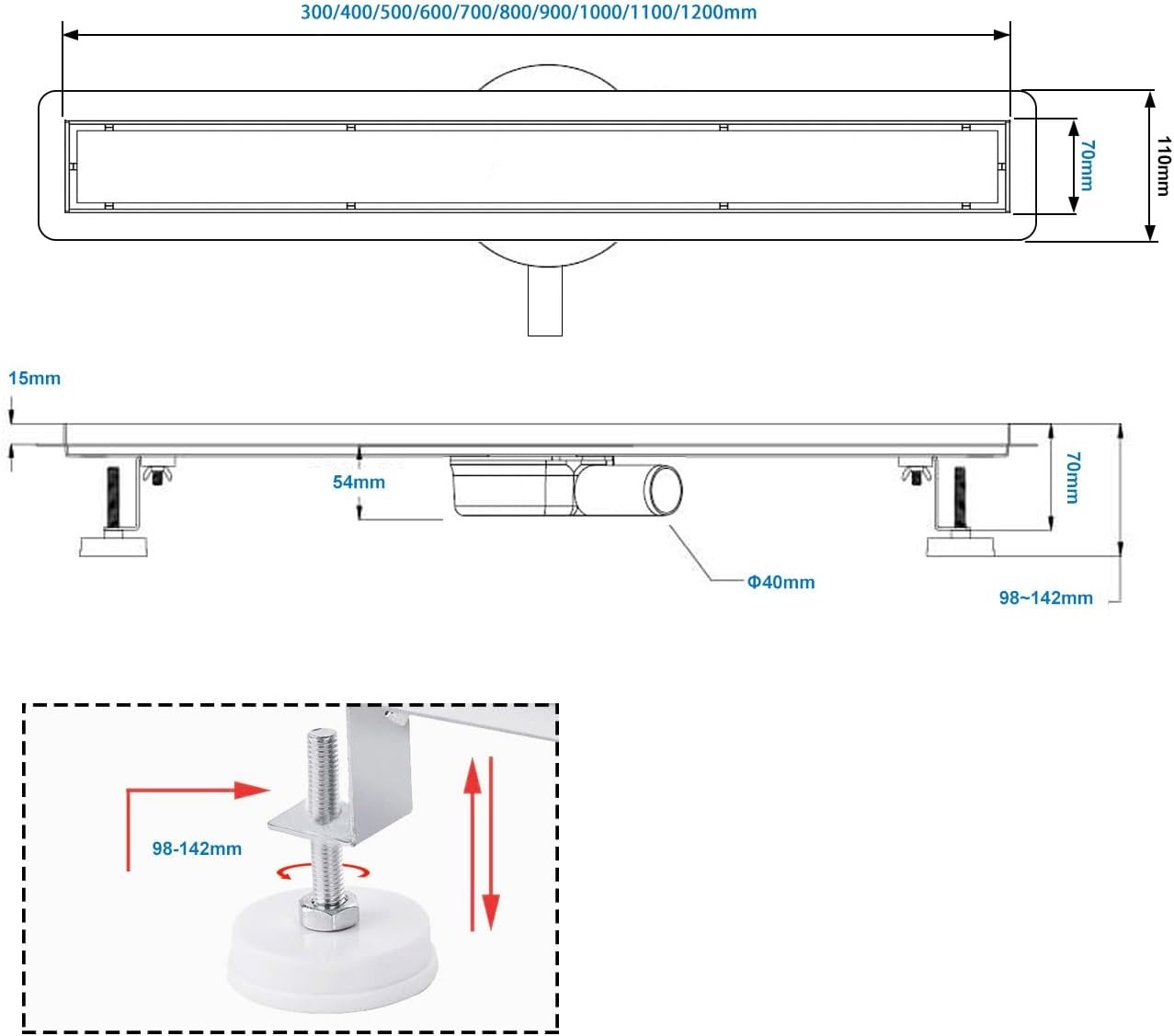 Shower Drain 90 cm, Tilable Shower Channel, Extra Flat, Stainless Steel Floor Drain Complete Set with 360° Siphon Hair Strainer