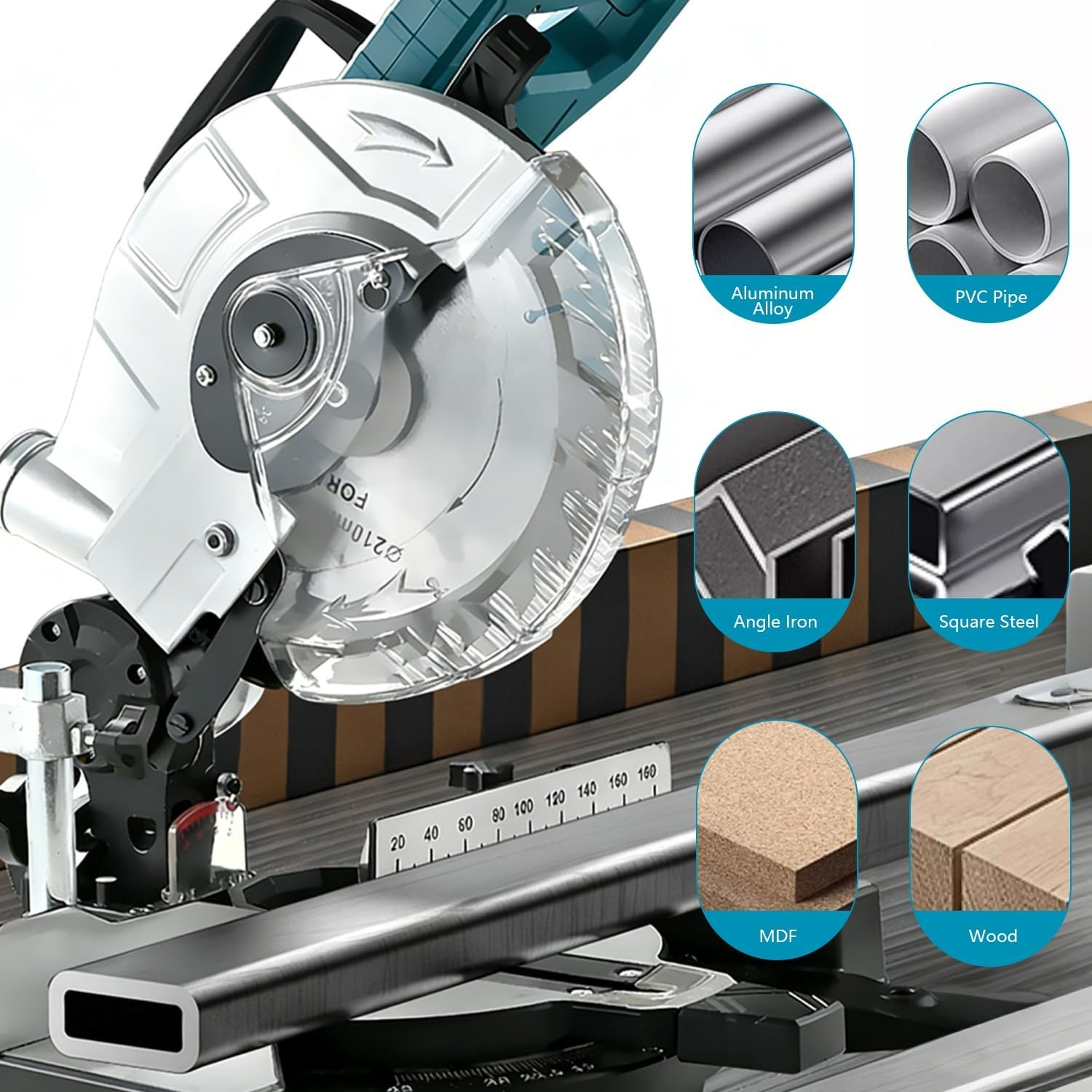 Kap- en verstekzaag voor Makita 18 V accu, professionele afkortzaag, metalen verstekzaag, tafelblad van gegoten aluminium, 0-45° schuine snede, zaagblad van Ø 210 mm (zonder accu)