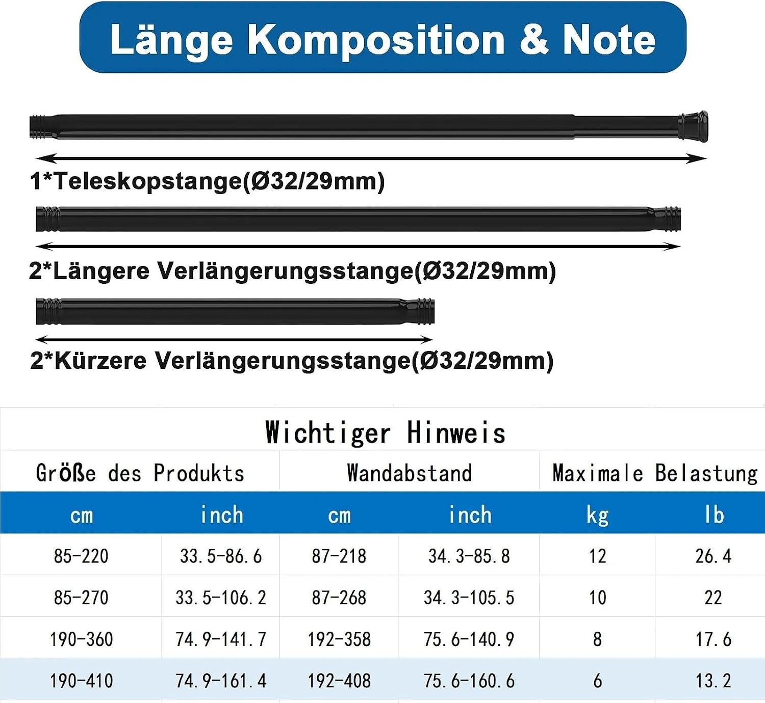 Aiitomg Gordijnroede, extra lengte, douchegordijnstang, zonder boren, uitschuifbaar, telescopische kledingstang, voor badkamer, slaapkamer, zwart, 190-410 cm, doorsnede 32 mm