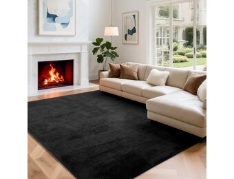 Woonkamertapijt, laagpolig tapijt, woonkamer, decoratie, wollig, zacht, wasbaar en antislip, modern, eenkleurig tapijt voor slaapkamer, kinderkamer, bedmat, 120 x 170 cm, zwart