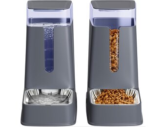 Automatische kattenvoerdispenser en kattenwaterdispenser in set, 2 verpakkingen, automatische hondenvoerdispenser en hondenwaterdispenser, 3,5 l voor kleine, middelgrote en grote honden, huisdieren