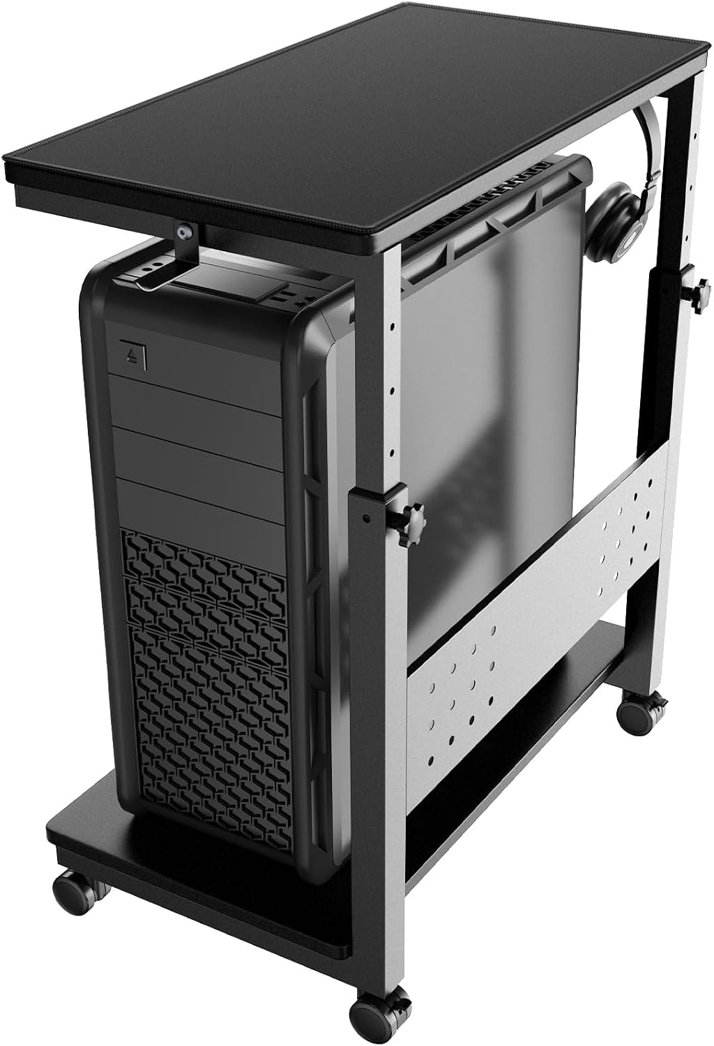 PUTORSEN In Hoogte Verstelbare PC Tower Standaard met 2 Etages, Computer Tower Standaard met Wieltjes en Muismat,ATX-behuizingen tot 40kg/Etage,Printerstandaard voor Thuisbureau, Zwart - Maat 38.5 x 50 x 85 cm