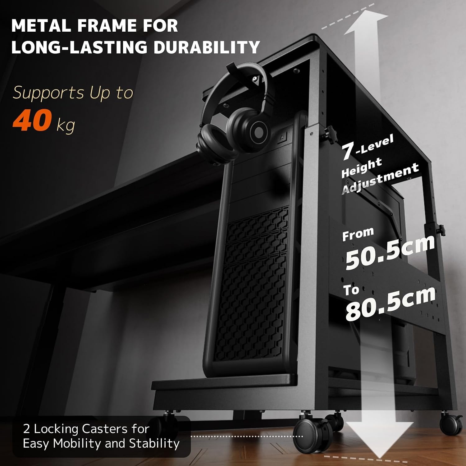 PUTORSEN In Hoogte Verstelbare PC Tower Standaard met 2 Etages, Computer Tower Standaard met Wieltjes en Muismat,ATX-behuizingen tot 40kg/Etage,Printerstandaard voor Thuisbureau, Zwart - Maat 38.5 x 50 x 85 cm