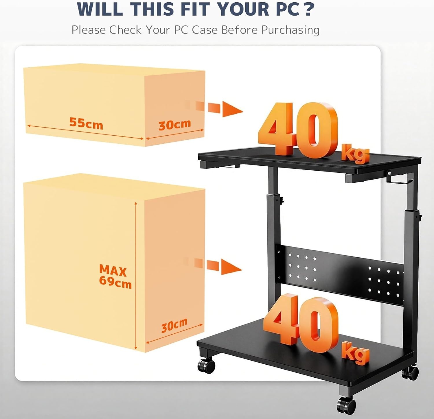 PUTORSEN In Hoogte Verstelbare PC Tower Standaard met 2 Etages, Computer Tower Standaard met Wieltjes en Muismat,ATX-behuizingen tot 40kg/Etage,Printerstandaard voor Thuisbureau, Zwart - Maat 38.5 x 50 x 85 cm