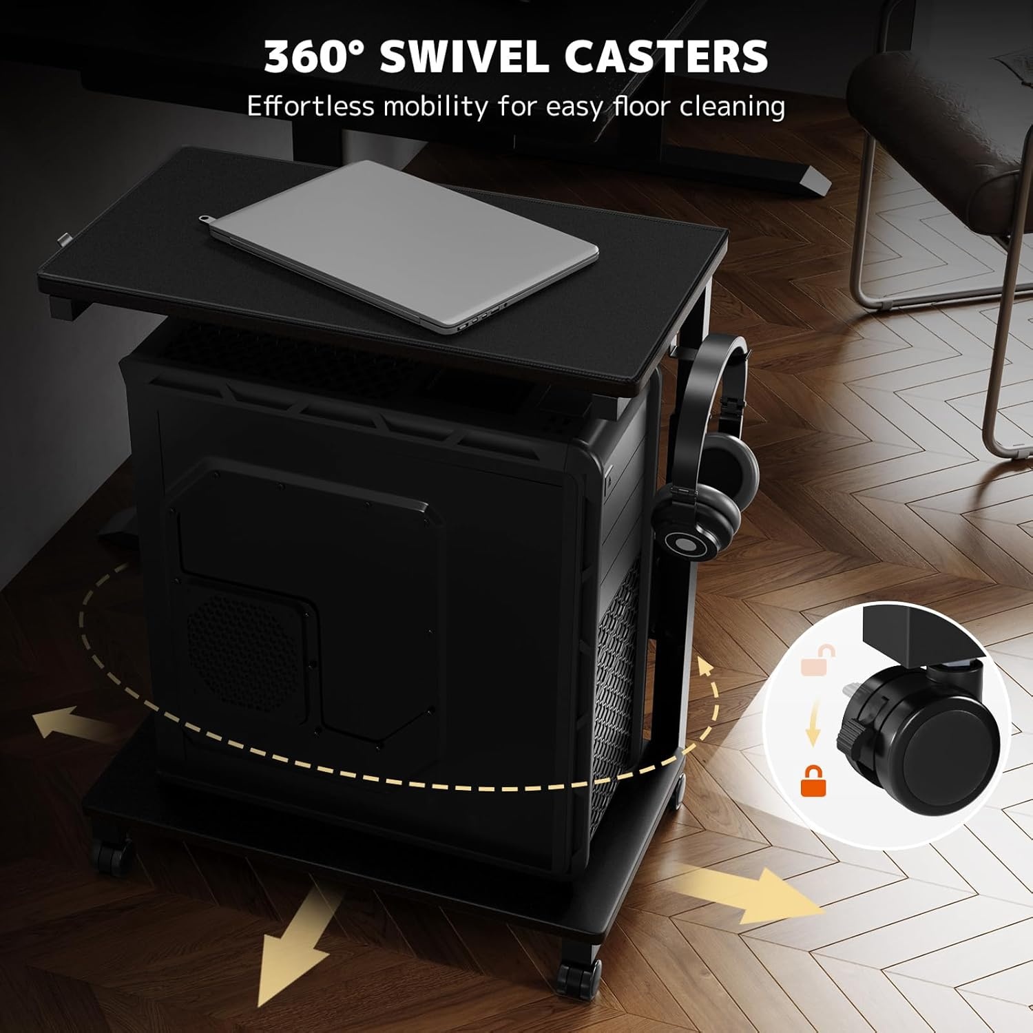 PUTORSEN In Hoogte Verstelbare PC Tower Standaard met 2 Etages, Computer Tower Standaard met Wieltjes en Muismat,ATX-behuizingen tot 40kg/Etage,Printerstandaard voor Thuisbureau, Zwart - Maat 38.5 x 50 x 85 cm
