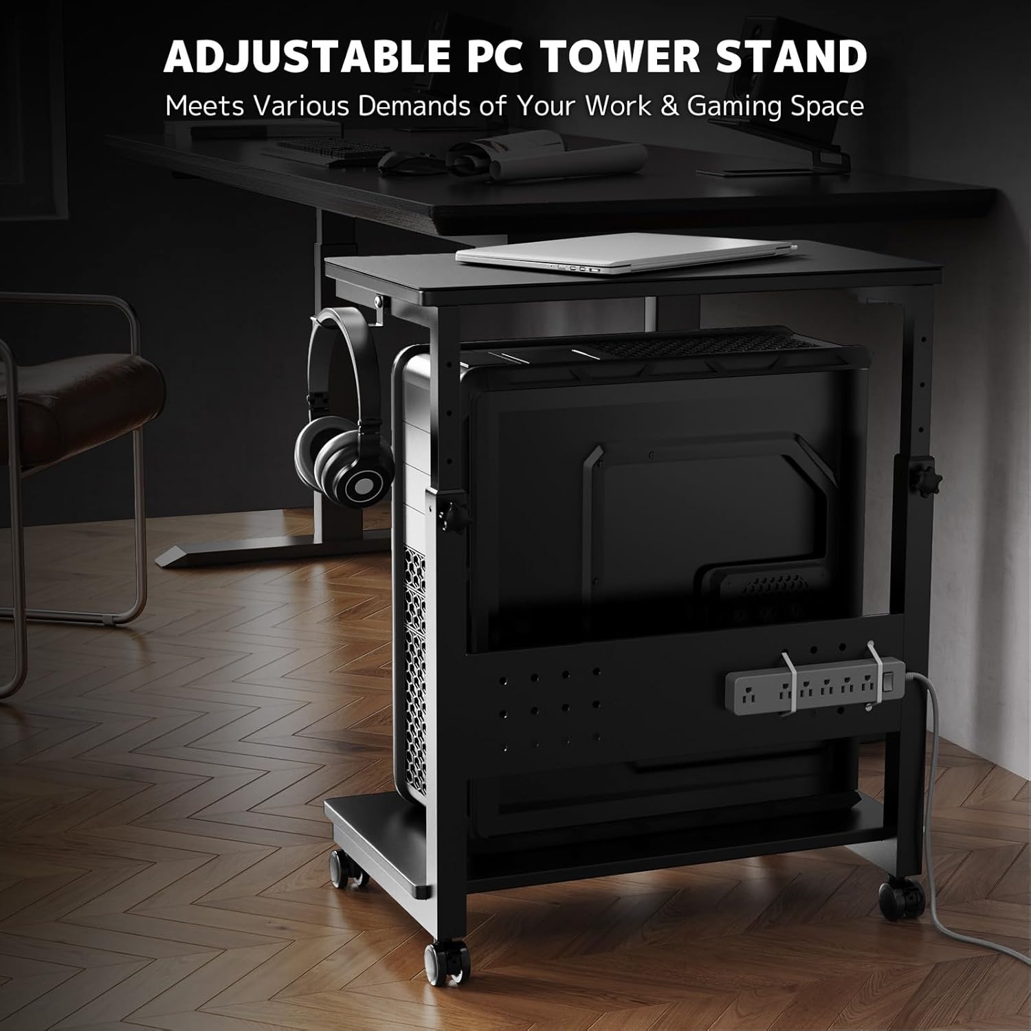 PUTORSEN In Hoogte Verstelbare PC Tower Standaard met 2 Etages, Computer Tower Standaard met Wieltjes en Muismat,ATX-behuizingen tot 40kg/Etage,Printerstandaard voor Thuisbureau, Zwart - Maat 38.5 x 50 x 85 cm