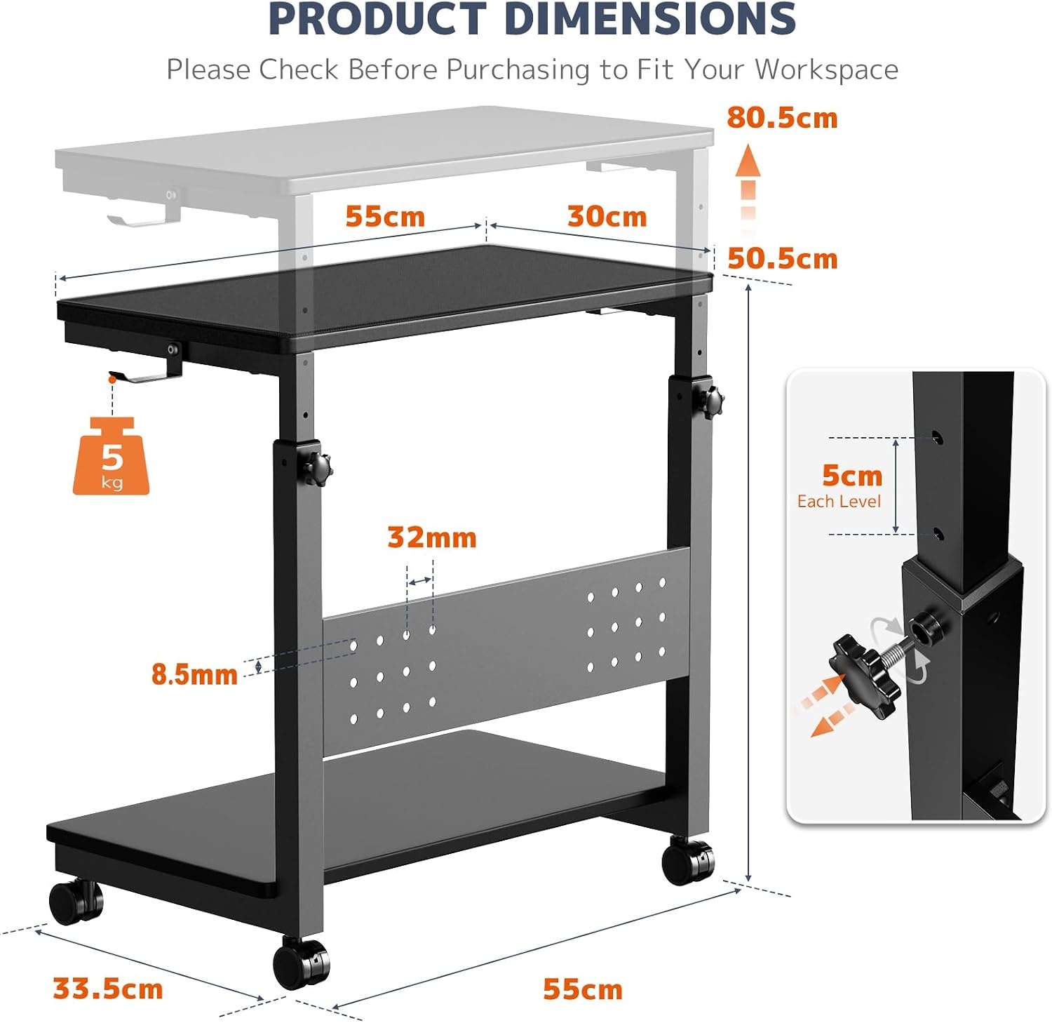 PUTORSEN In Hoogte Verstelbare PC Tower Standaard met 2 Etages, Computer Tower Standaard met Wieltjes en Muismat,ATX-behuizingen tot 40kg/Etage,Printerstandaard voor Thuisbureau, Zwart - Maat 38.5 x 50 x 85 cm