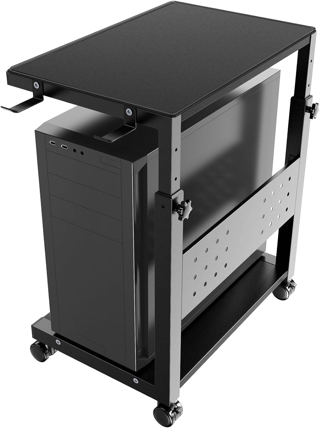 PUTORSEN In Hoogte Verstelbare PC Tower Standaard met 2 Etages, Computer Tower Standaard met Wieltjes en Muismat,ATX-behuizingen tot 40kg/Etage,Printerstandaard voor Thuisbureau, Zwart - Maat 38.5 x 50 x 85 cm