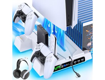 OIVO PS5 en PS5 Slim Standaard met Koelsysteem, Laadstation en Gamehouder - Wit
