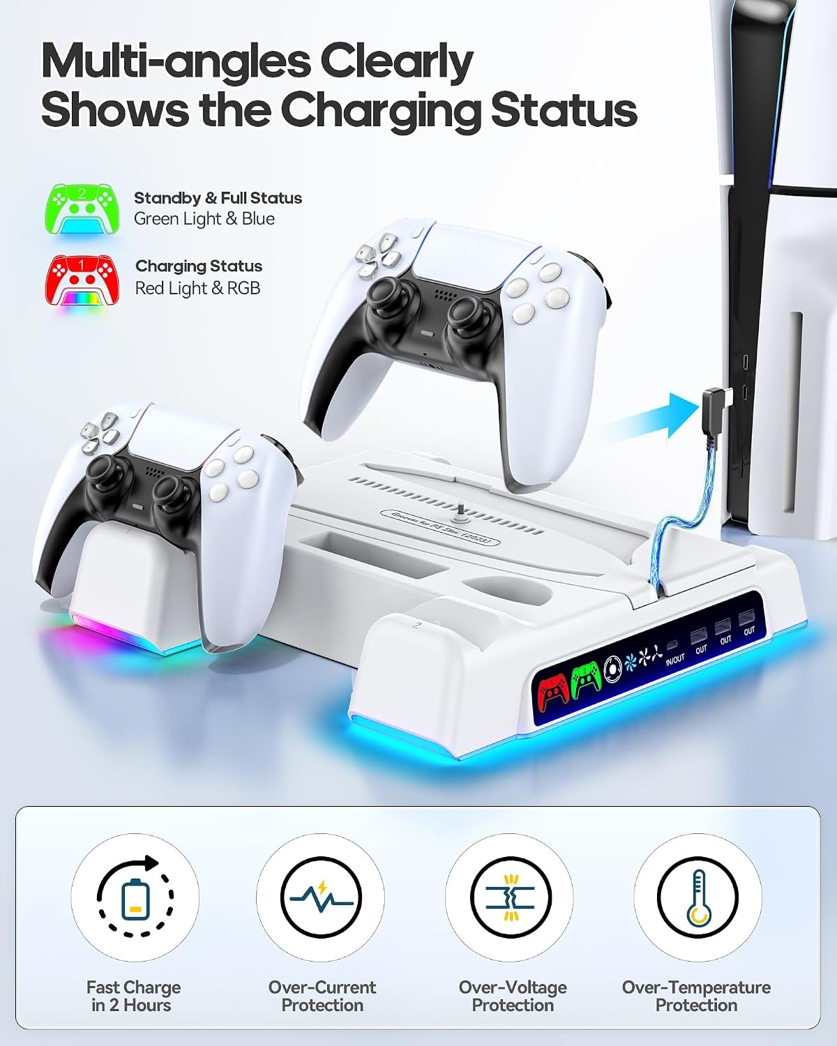 OIVO PS5 en PS5 Slim Standaard met Koelsysteem, Laadstation en Gamehouder - Wit