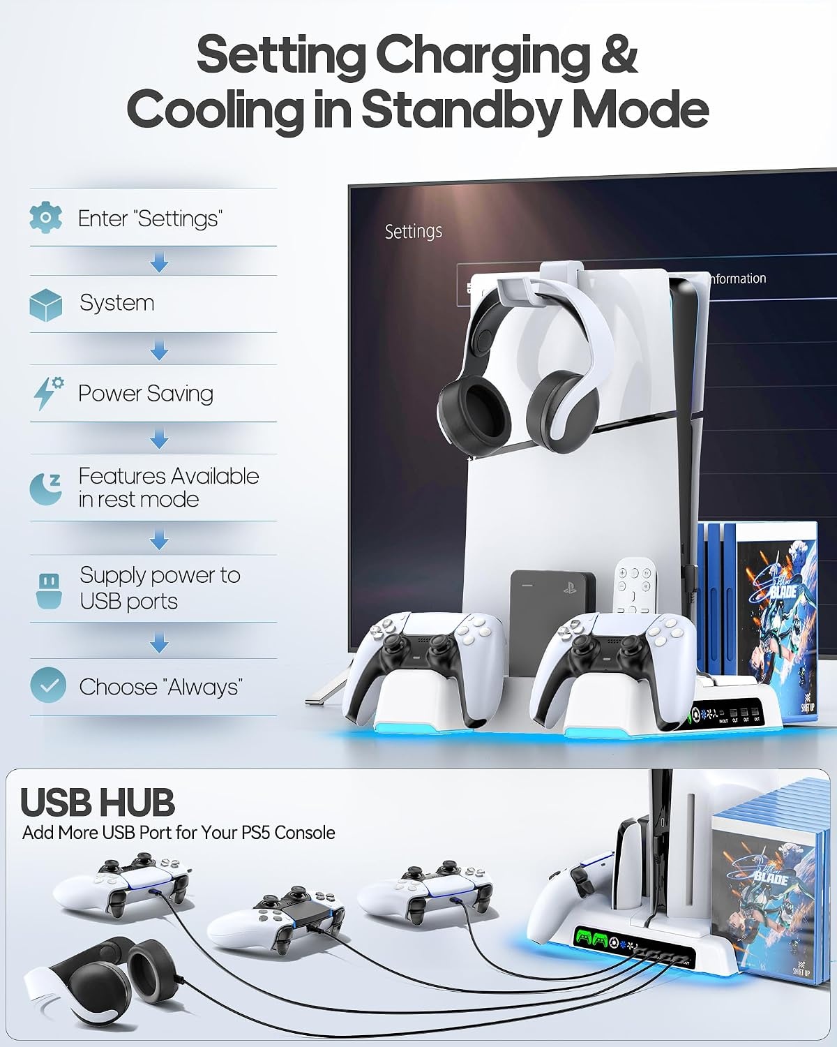 OIVO PS5 en PS5 Slim Standaard met Koelsysteem, Laadstation en Gamehouder - Wit