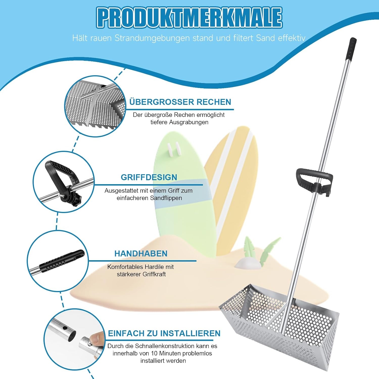 Strandzeef Roestvrijstaal met 138cm Steel & Afneembare Mand (-34%)
