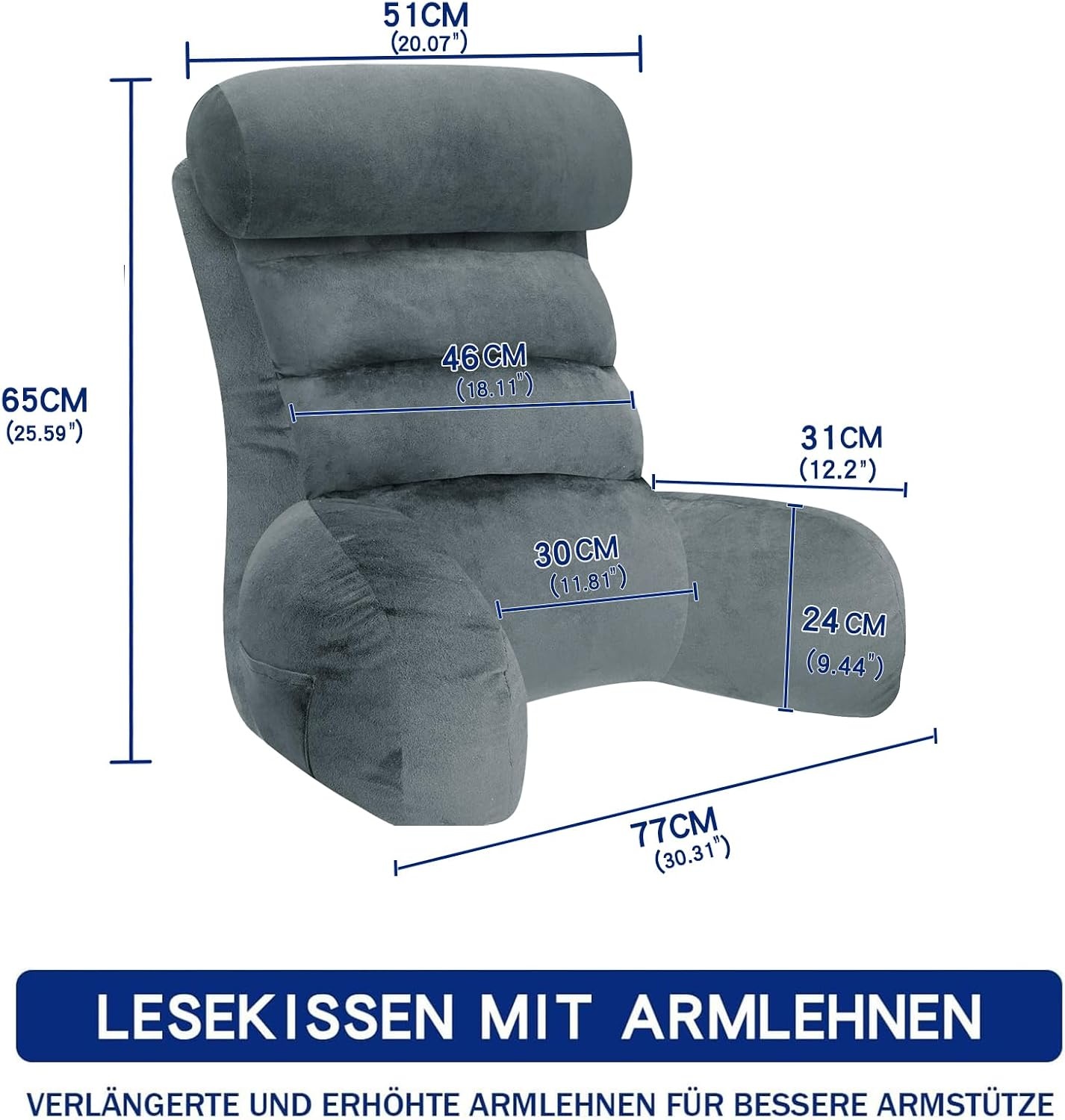 Ergonomisch Leeskussen met Armsteunen - Grijs - 65x30 cm - 60% Korting