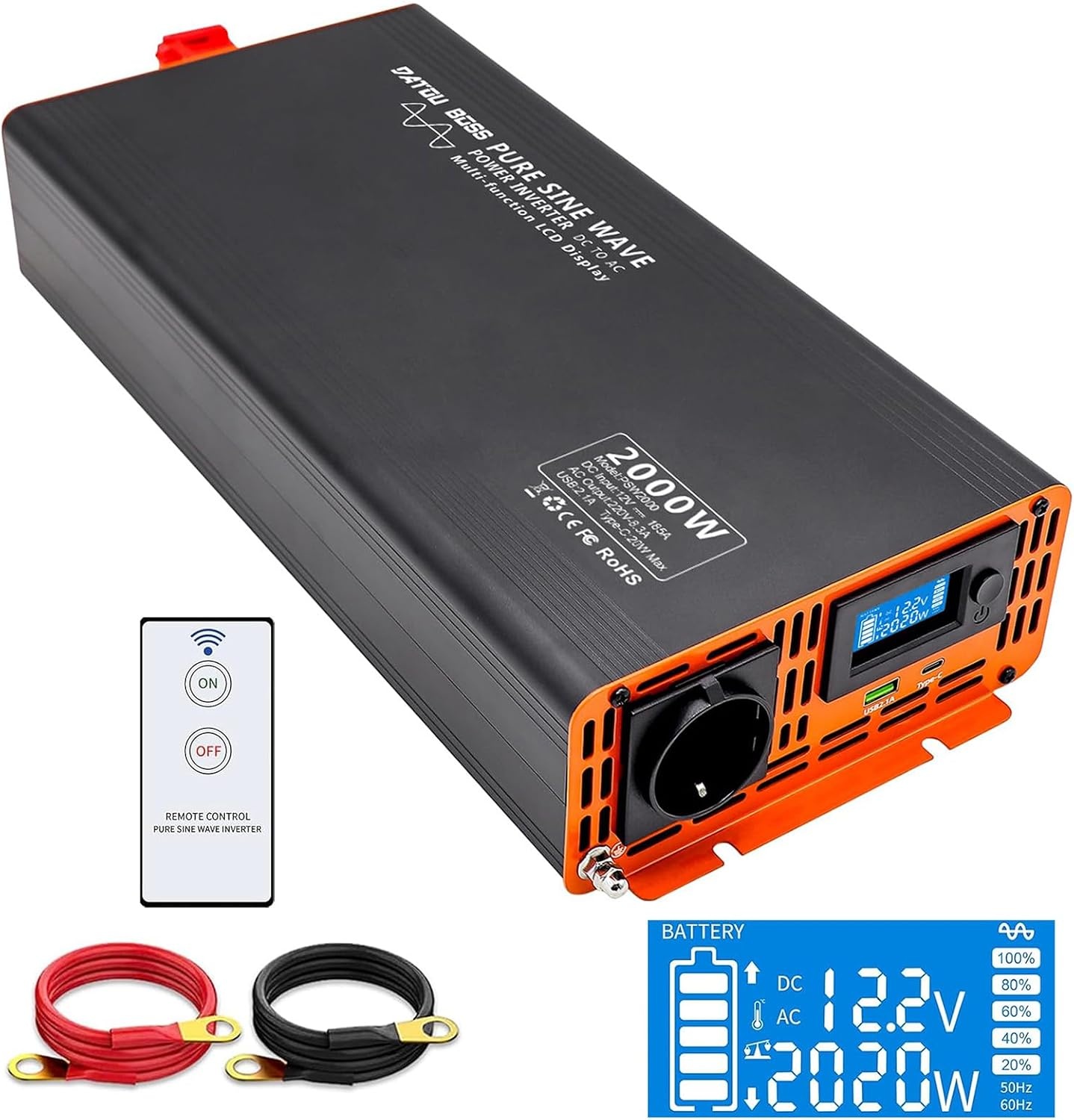 2000W Pure Sinus Omvormer 12V naar 230V voor Camper/Boot - 30% Korting