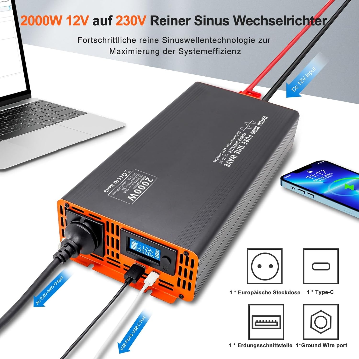 2000W Pure Sinus Omvormer 12V naar 230V voor Camper/Boot - 30% Korting
