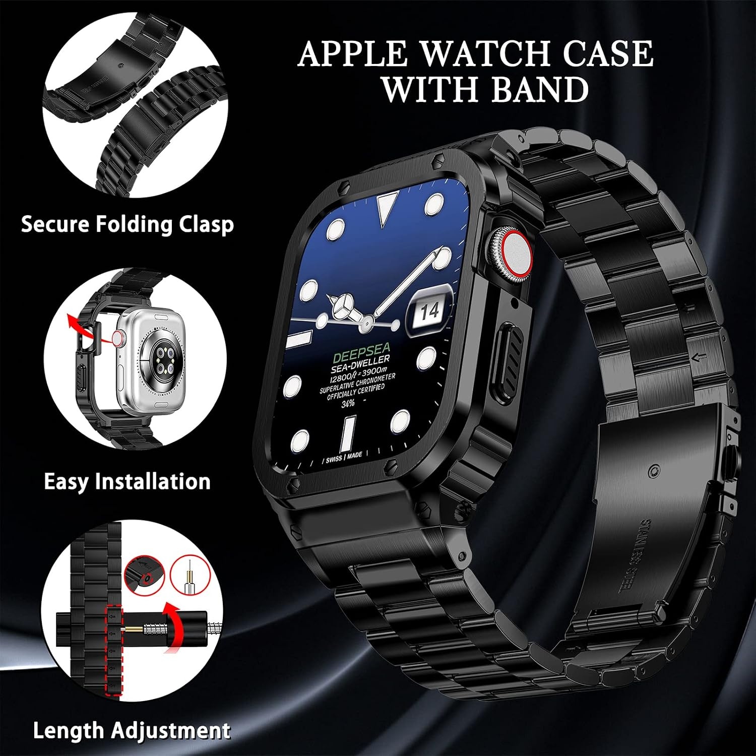 Apple Watch Band Staal met Hoes Zwart 44/42mm - 56% Korting