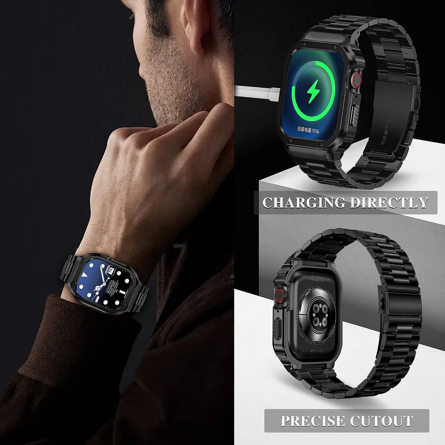 Apple Watch Band Staal met Hoes Zwart 44/42mm - 56% Korting