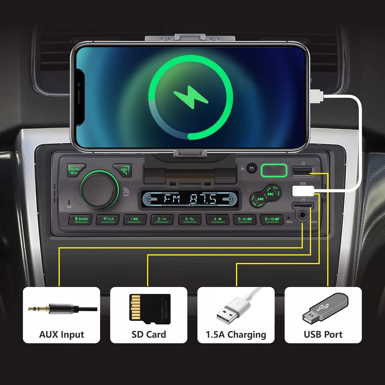 Geretourneerde 1-DIN Autoradio met Uitklapbare Telefoonhouder & App-Bediening - 51% Korting