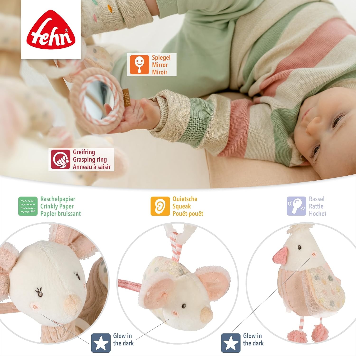 Activiteitenspiraal 35cm Roze/Beige met Rammelaar, Pieper & Glow-in-the-dark - 32% Korting!