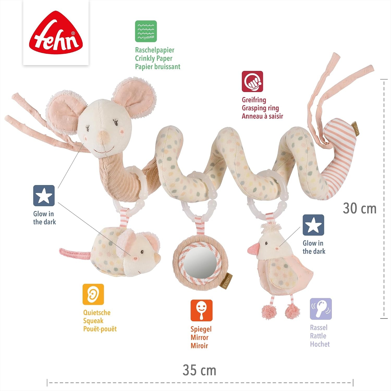 Activiteitenspiraal 35cm Roze/Beige met Rammelaar, Pieper & Glow-in-the-dark - 32% Korting!