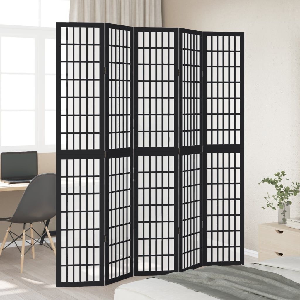 Kamerscherm met 5 panelen Paulowniahout - Zwart - 59% Korting