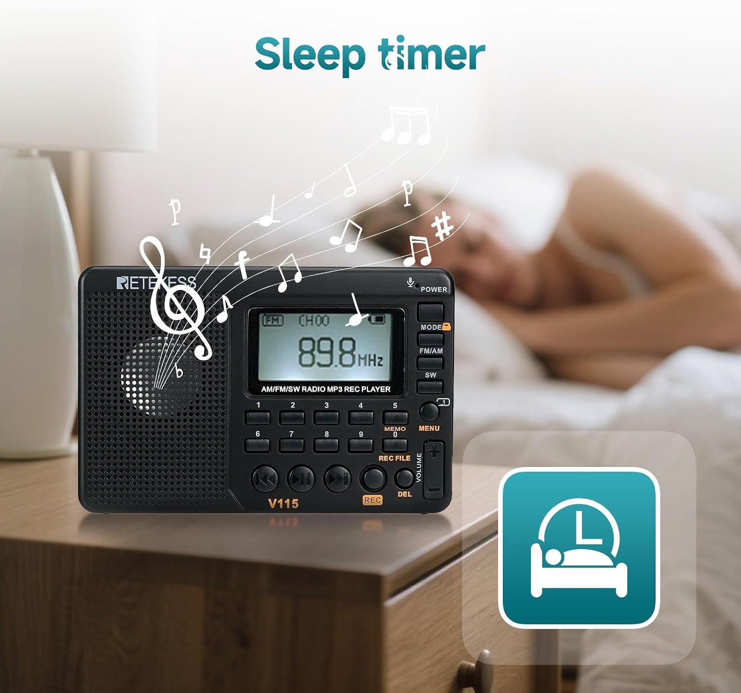 Draagbare Wereldbandradio V115: AM/FM/SW, MP3 & Recorder (Zwart) - 28% Korting