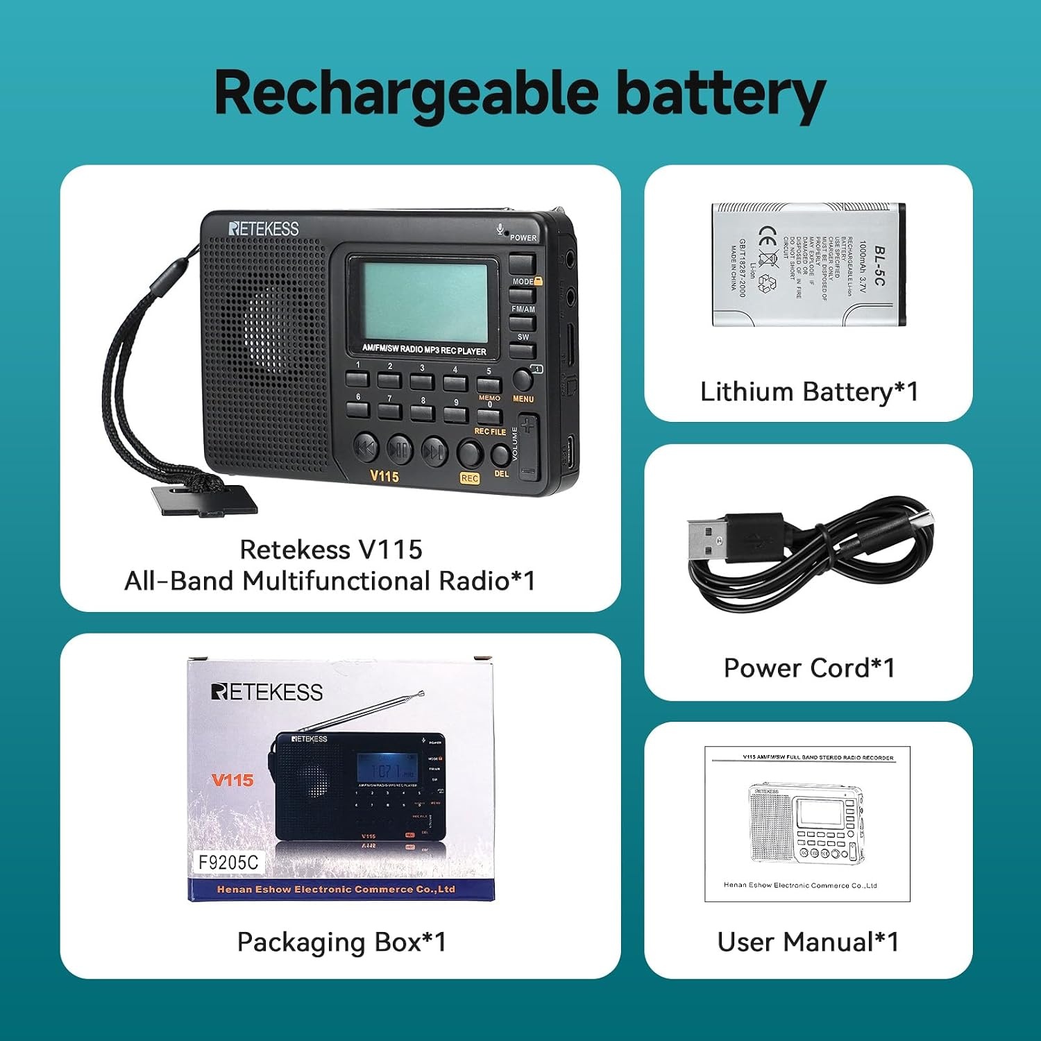 Draagbare Wereldbandradio V115: AM/FM/SW, MP3 & Recorder (Zwart) - 28% Korting