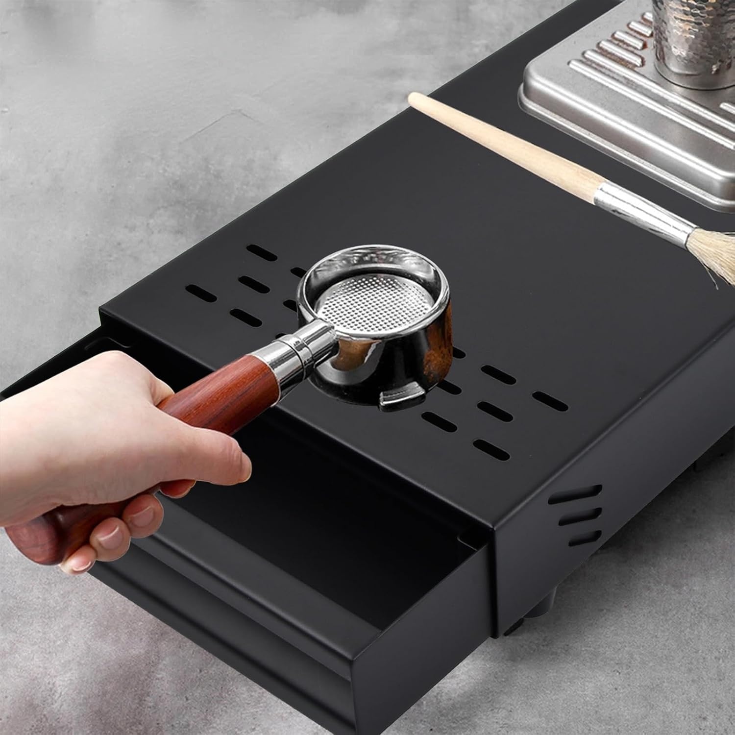 Roestvrijstalen Espressolade met Knock Box & Slagstang (Zwart) - 29% Korting!