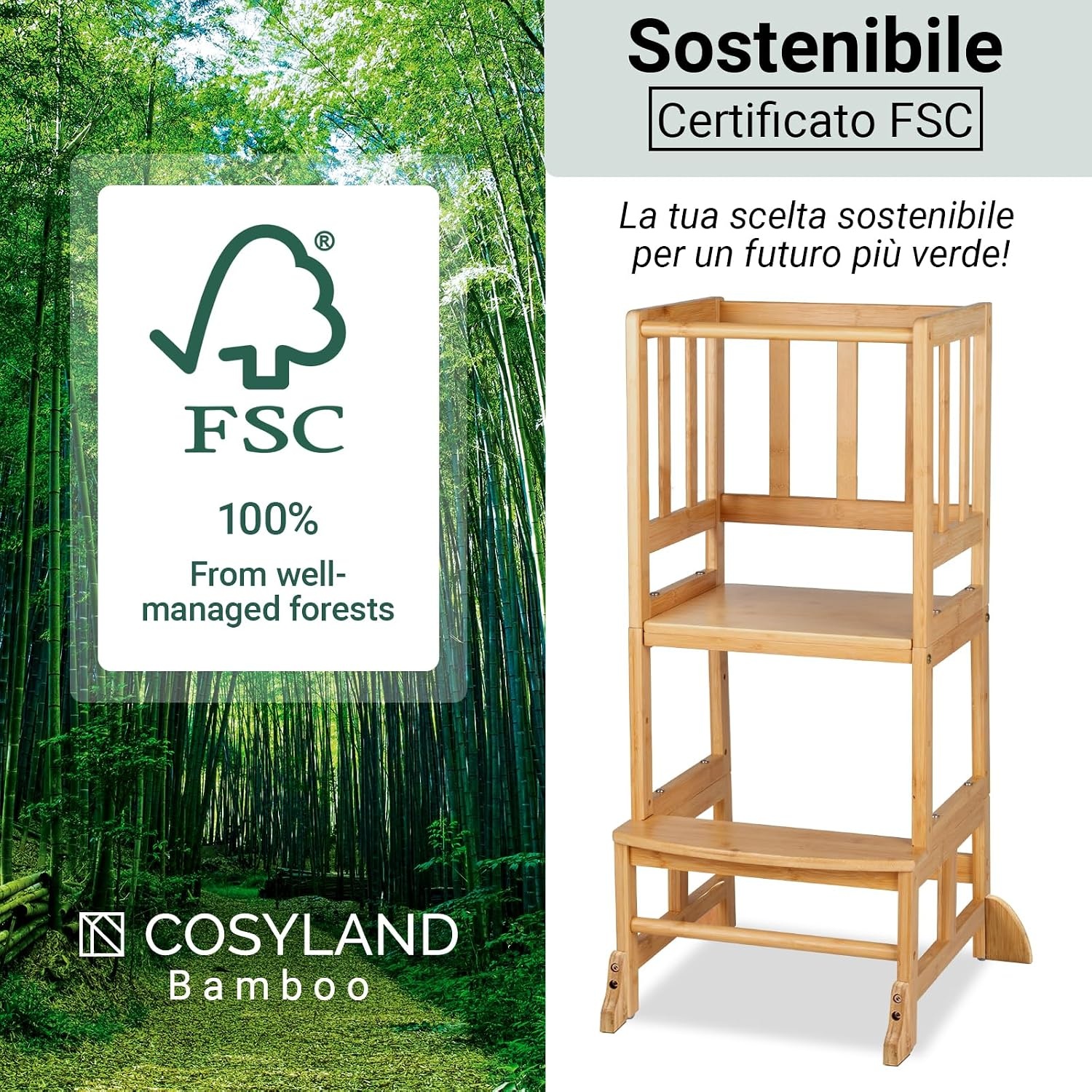 COSYLAND Bamboo Kinder Leertoren - Natuurlijk, 34% Korting