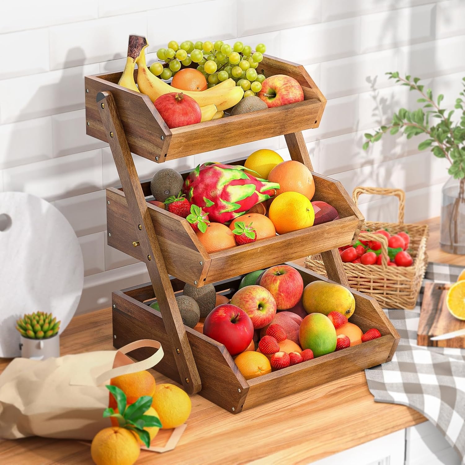Acacia Wood Fruit Basket, 3 Tier Fruit Stand Bowl Holder Bread Vegetable Storage Rack for Kitchen Countertop