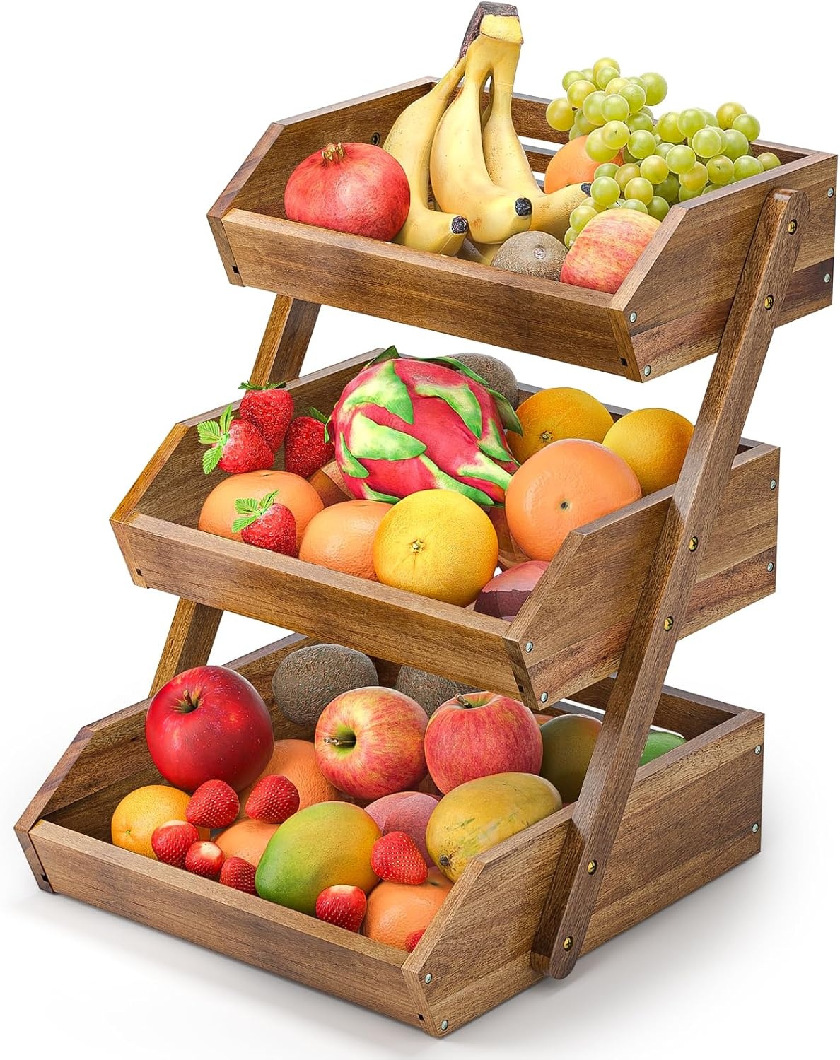 Acacia Wood Fruit Basket, 3 Tier Fruit Stand Bowl Holder Bread Vegetable Storage Rack for Kitchen Countertop