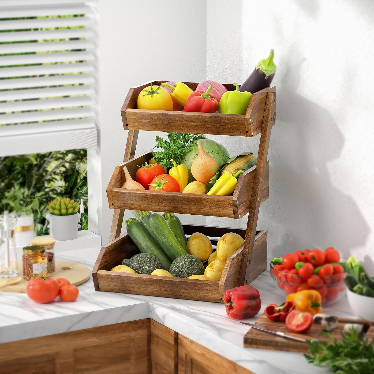 Acacia Wood Fruit Basket, 3 Tier Fruit Stand Bowl Holder Bread Vegetable Storage Rack for Kitchen Countertop