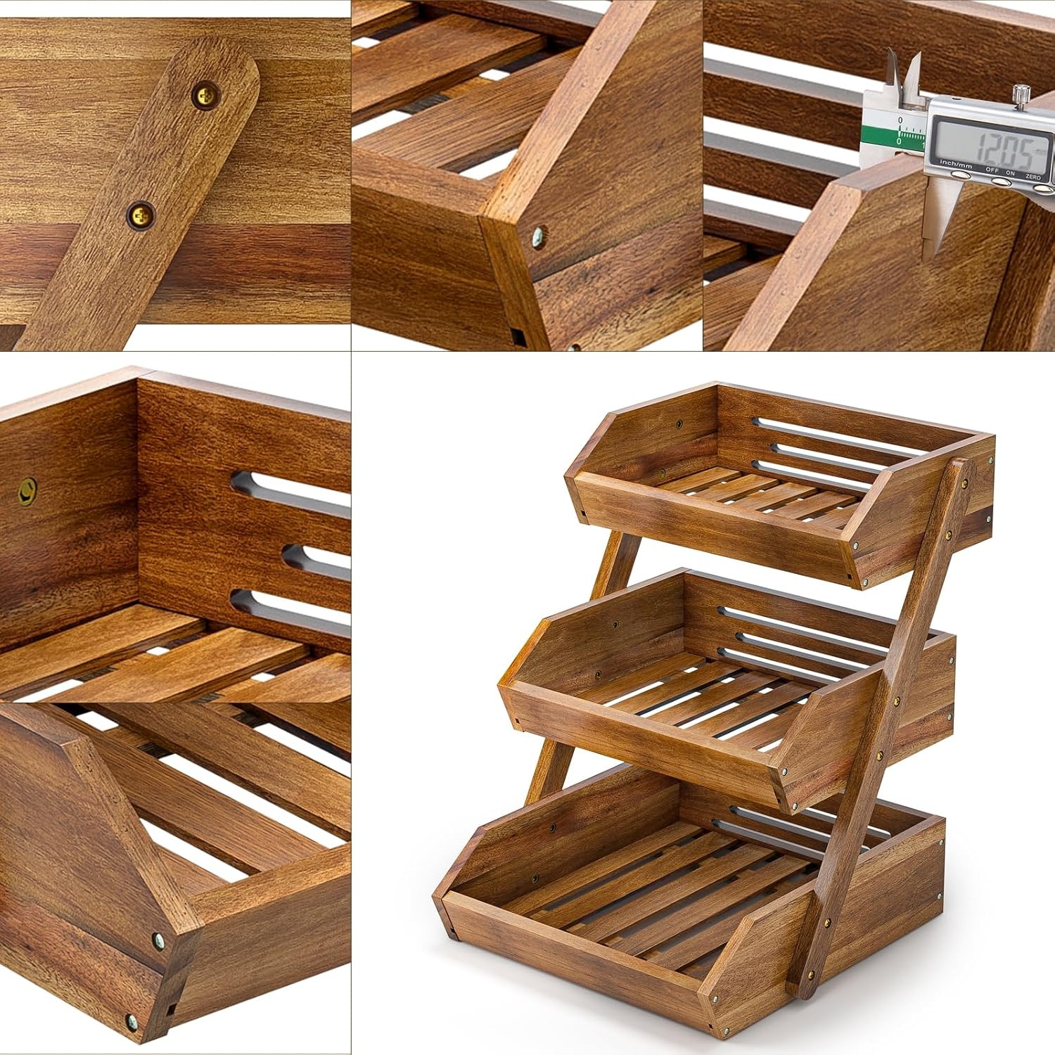 Acacia Wood Fruit Basket, 3 Tier Fruit Stand Bowl Holder Bread Vegetable Storage Rack for Kitchen Countertop
