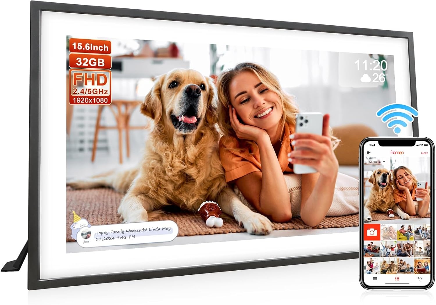 QCREA 15,6 Inch Digitale Fotolijst - 32GB - Full HD Touchscreen - Zwart en Wit