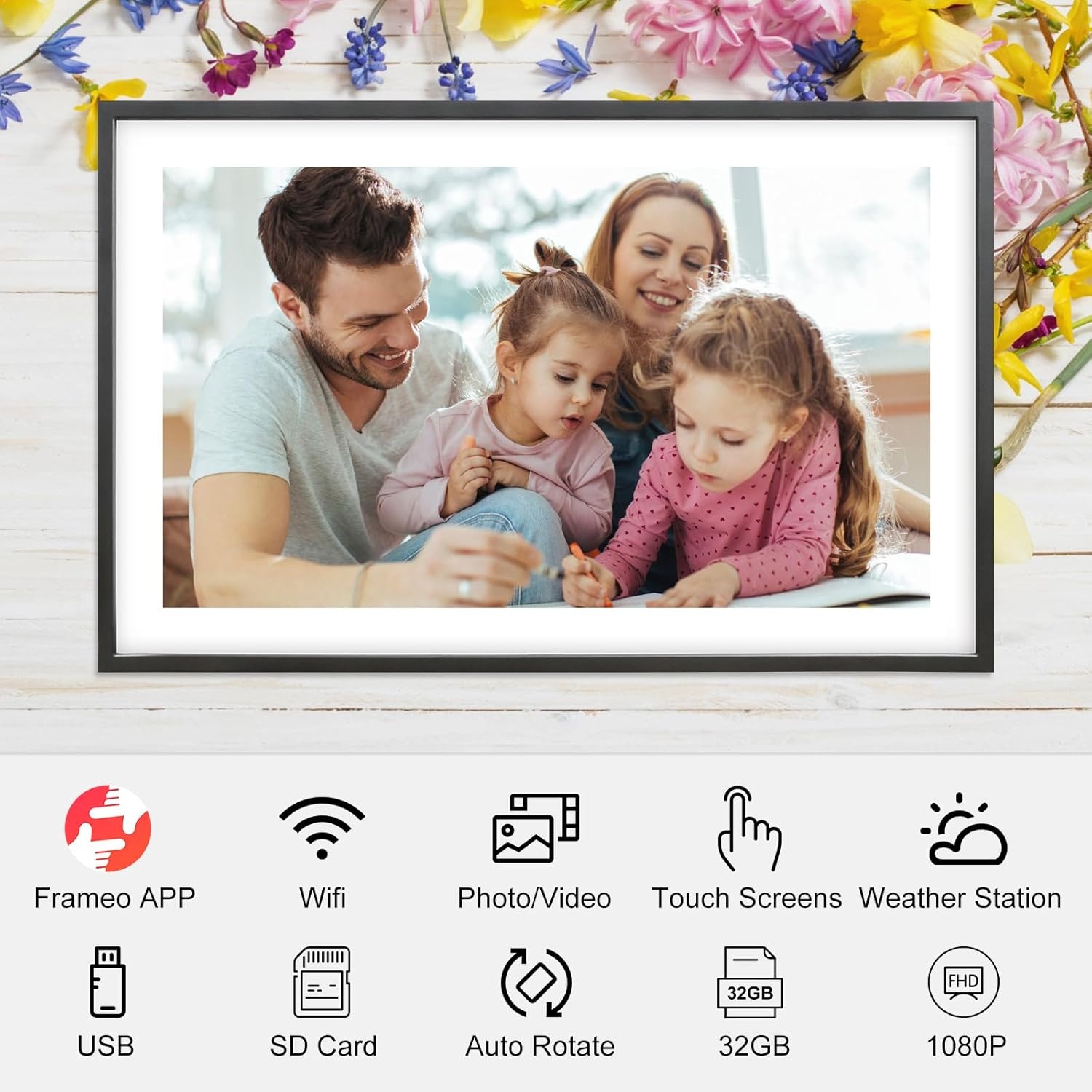 QCREA 15,6 Inch Digitale Fotolijst - 32GB - Full HD Touchscreen - Zwart en Wit