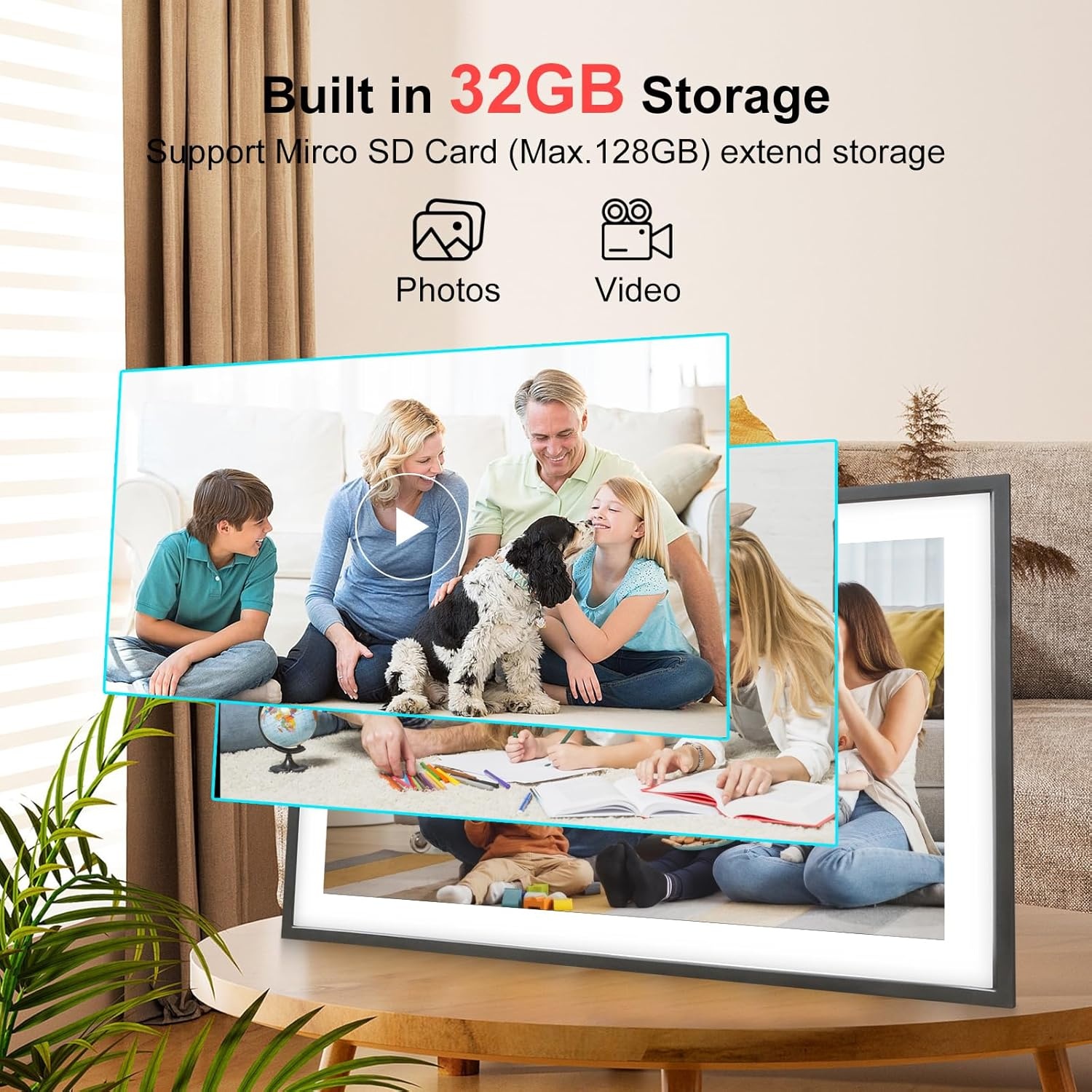 QCREA 15,6 Inch Digitale Fotolijst - 32GB - Full HD Touchscreen - Zwart en Wit