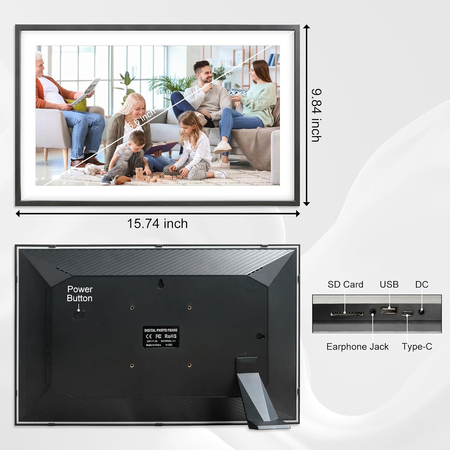 QCREA 15,6 Inch Digitale Fotolijst - 32GB - Full HD Touchscreen - Zwart en Wit