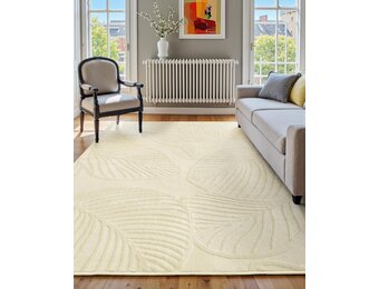 Machinewasbaar tapijt, 152 x 213 cm, bladpatroon, zachte korte pool, hoge dieptestructuur, antislip en slijtvast, ideaal voor woonkamer, slaapkamer, kantoor, crèmewit