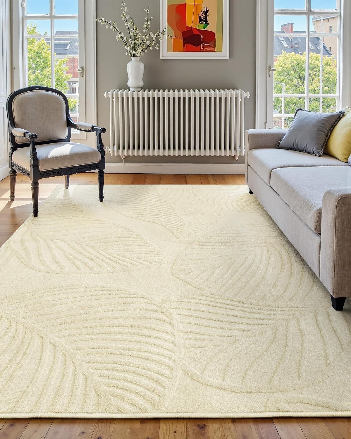 Machinewasbaar tapijt, 152 x 213 cm, bladpatroon, zachte korte pool, hoge dieptestructuur, antislip en slijtvast, ideaal voor woonkamer, slaapkamer, kantoor, crèmewit