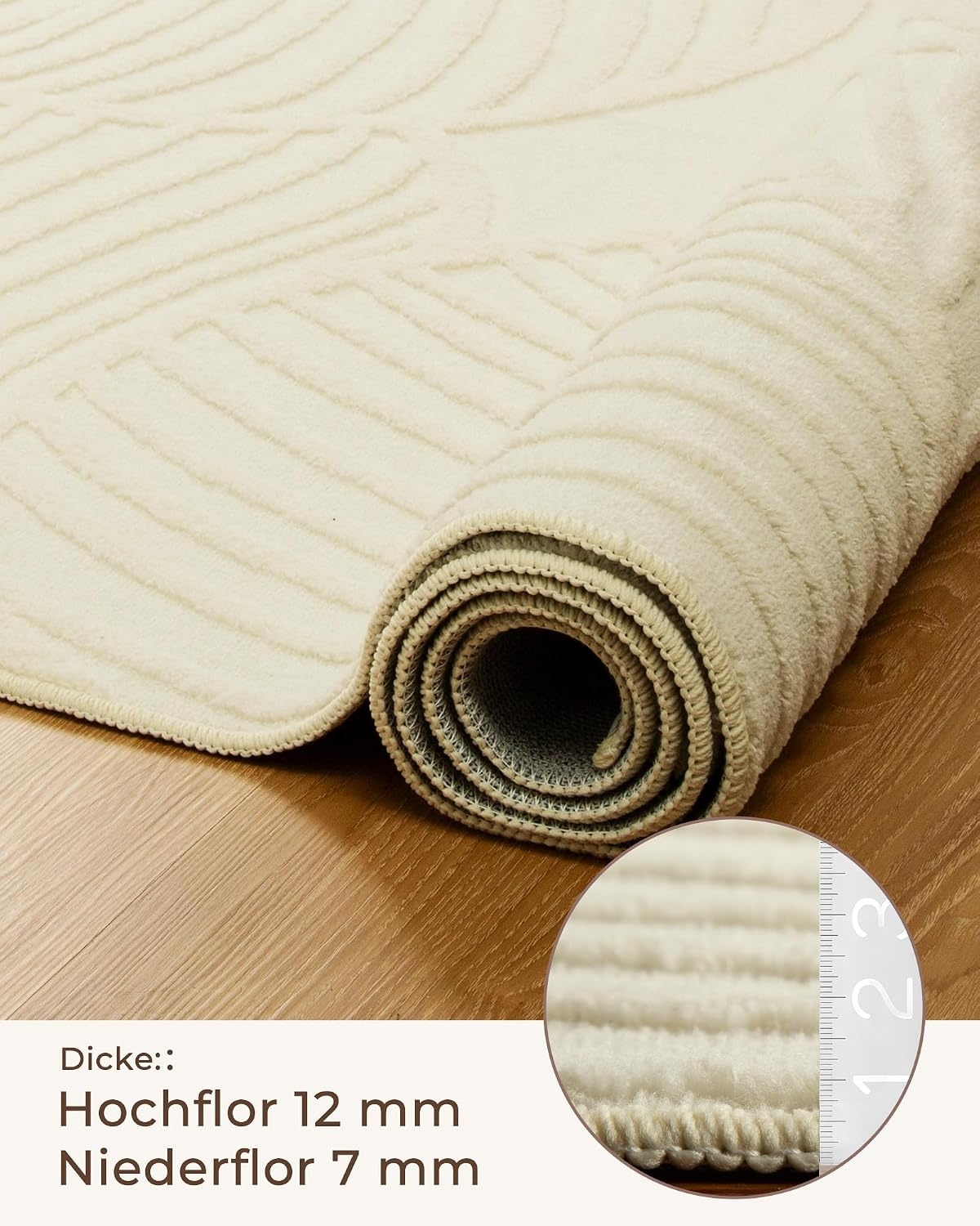 Machinewasbaar tapijt, 152 x 213 cm, bladpatroon, zachte korte pool, hoge dieptestructuur, antislip en slijtvast, ideaal voor woonkamer, slaapkamer, kantoor, crèmewit