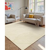 Machinewasbaar tapijt, 152 x 213 cm, bladpatroon, zachte korte pool, hoge dieptestructuur, antislip en slijtvast, ideaal voor woonkamer, slaapkamer, kantoor, crèmewit