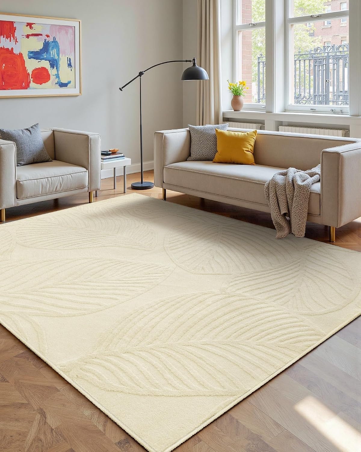 Machinewasbaar tapijt, 152 x 213 cm, bladpatroon, zachte korte pool, hoge dieptestructuur, antislip en slijtvast, ideaal voor woonkamer, slaapkamer, kantoor, crèmewit