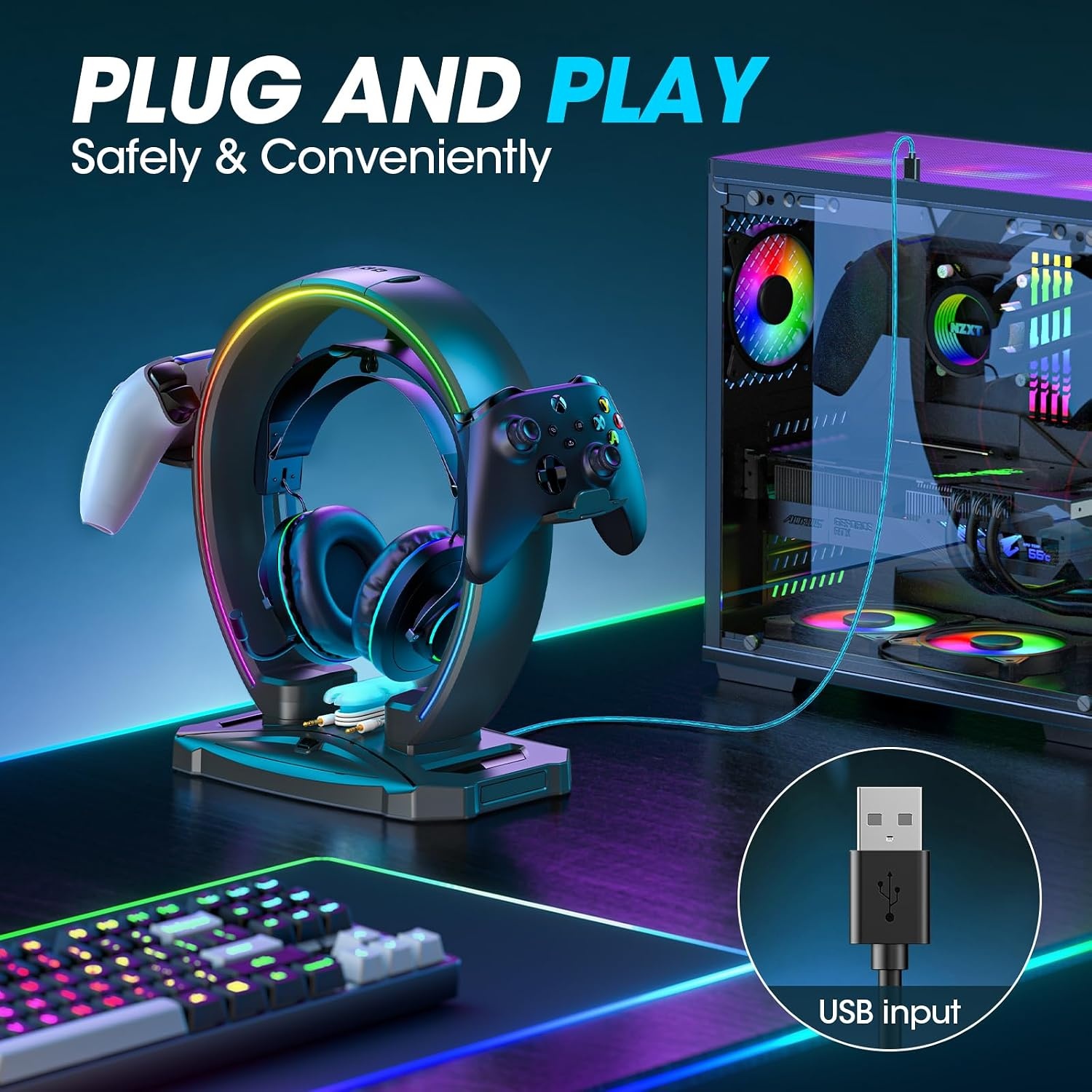KDD RGB hoofdtelefoon & controller standaard met 9 lichtmodi - opvouwbare controller hanger voor bureau - oortelefoon standaard met kabel organizer - voor gamers desktop accessoires